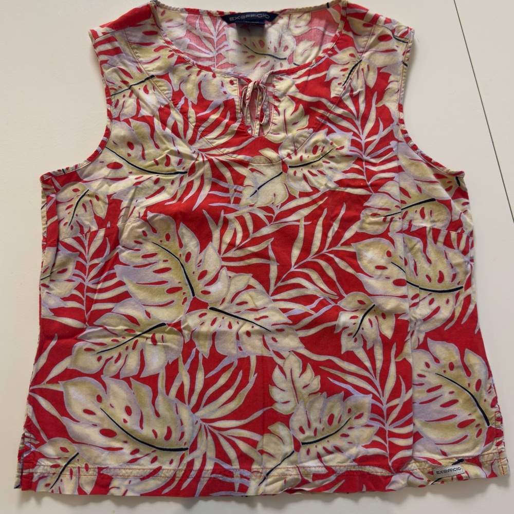 Exofficio Cotton Red and Cream Leaf Print Sleeveless Blouse Activewear Outdoor
